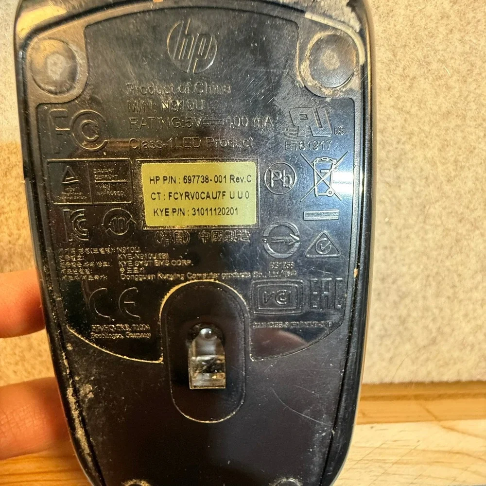 HP‎ USB Optical Mouse Black Wired 3-Button Scroll Wheel 697738-001 N910U